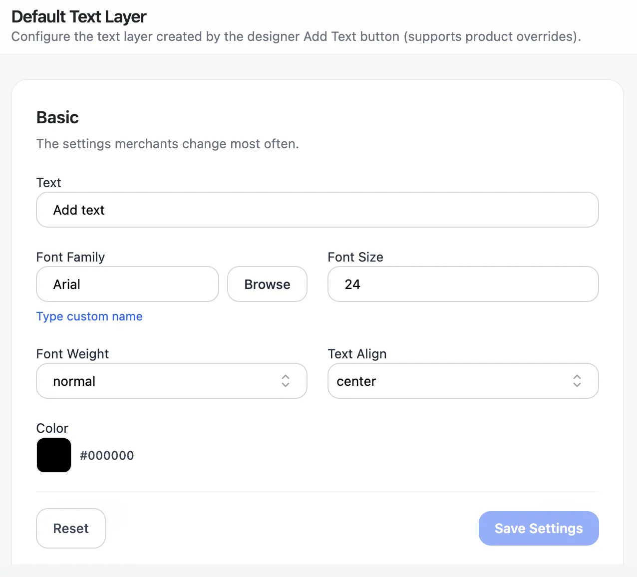 Default Text Layer settings and the resulting text on a product